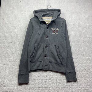 Y2K Hollister Women’s Button Down Oversized Hoodie Size S Grey Fleece Retro Logo